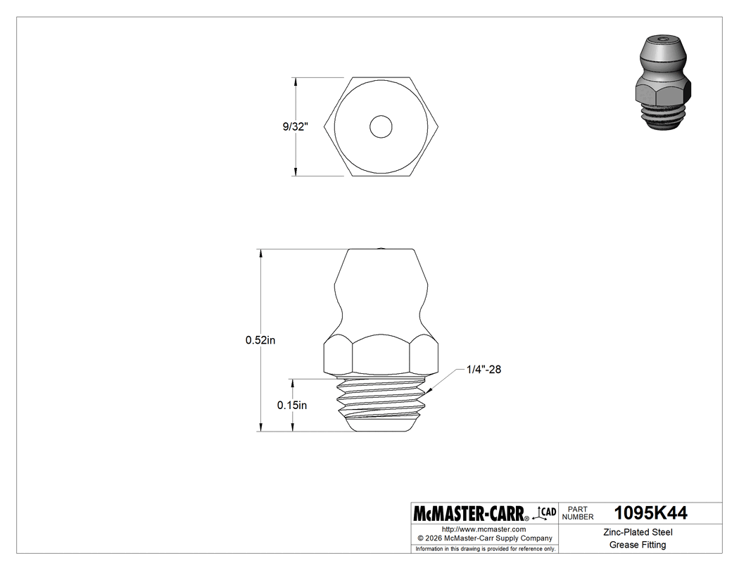 Technical Drawing of Zinc-Plated Steel Grease Fitting, Straight, 1/4"-28 UNF Male, 33/64" Overall Height.
